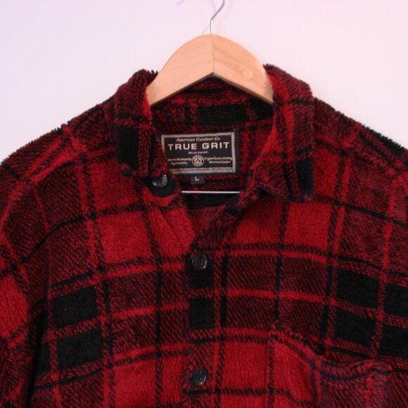 True Grit Black Red Plaid Sherpa Shirt Jacket Shacket Buffalo Plaid Large - Picture 2 of 11